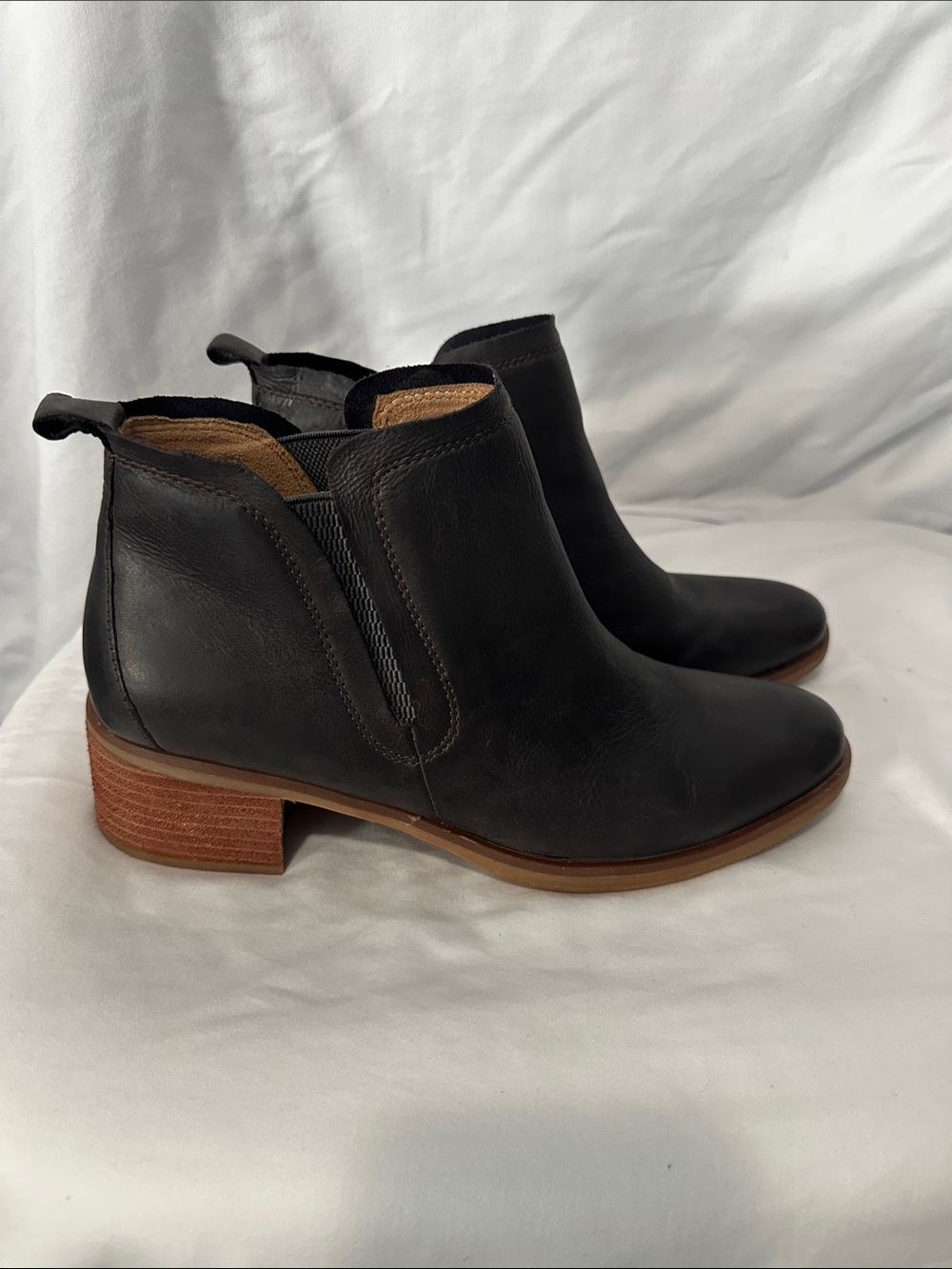 Corks Black Leather Ankle Booties with Brown Stacked Heel